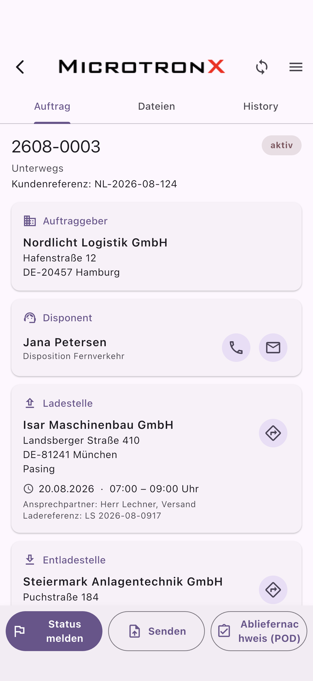 Auftragsdetail mit Ladestelle, Entladestelle und Terminen