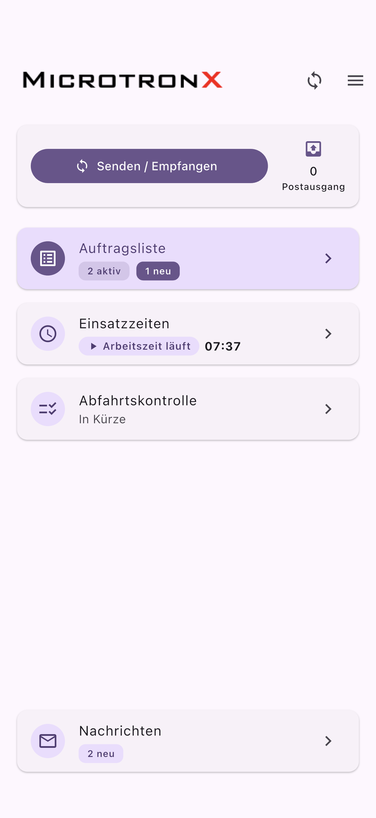 Startbildschirm der MicrotronX App mit neuen Aufträgen, Nachrichten und Einsatzzeiten