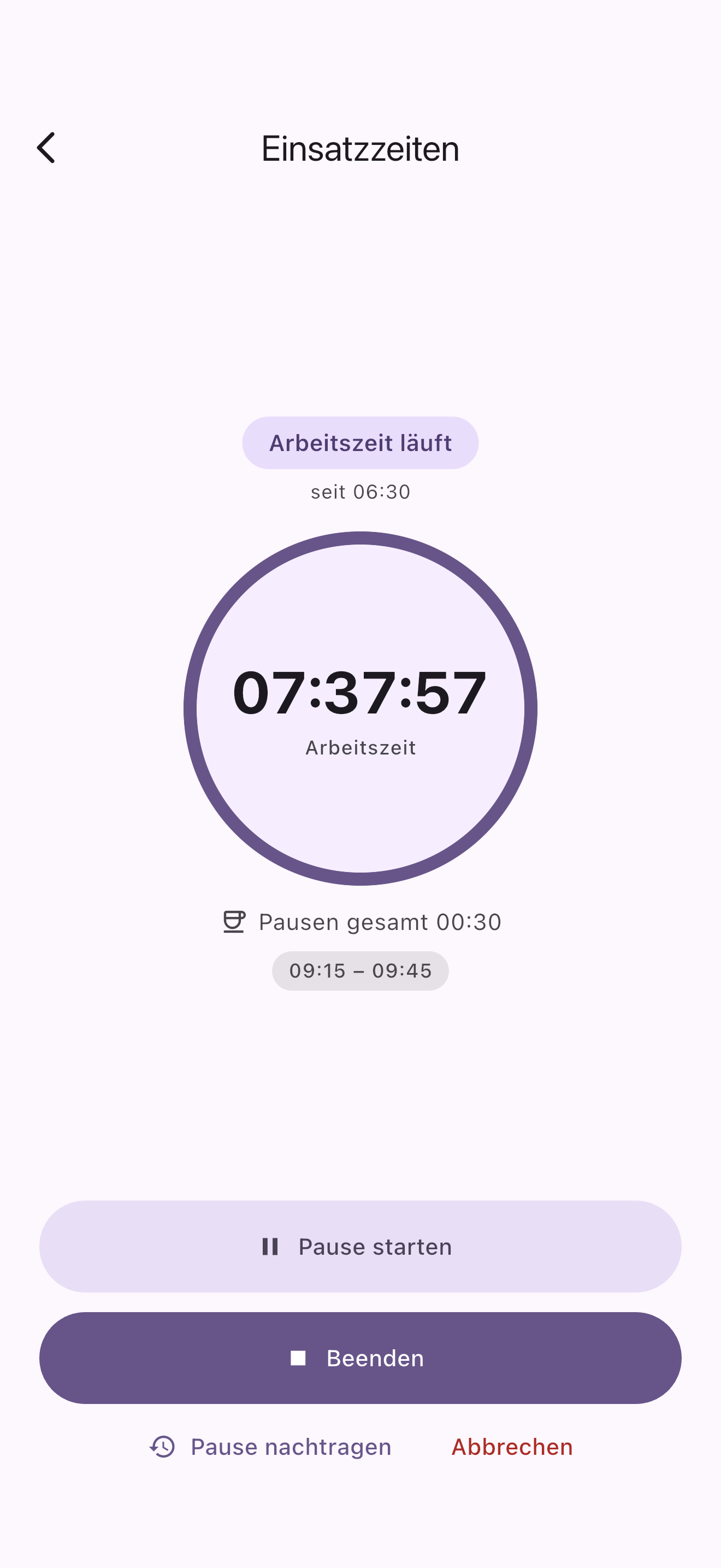 Einsatzzeiten mit laufender Arbeitszeit und Pausen